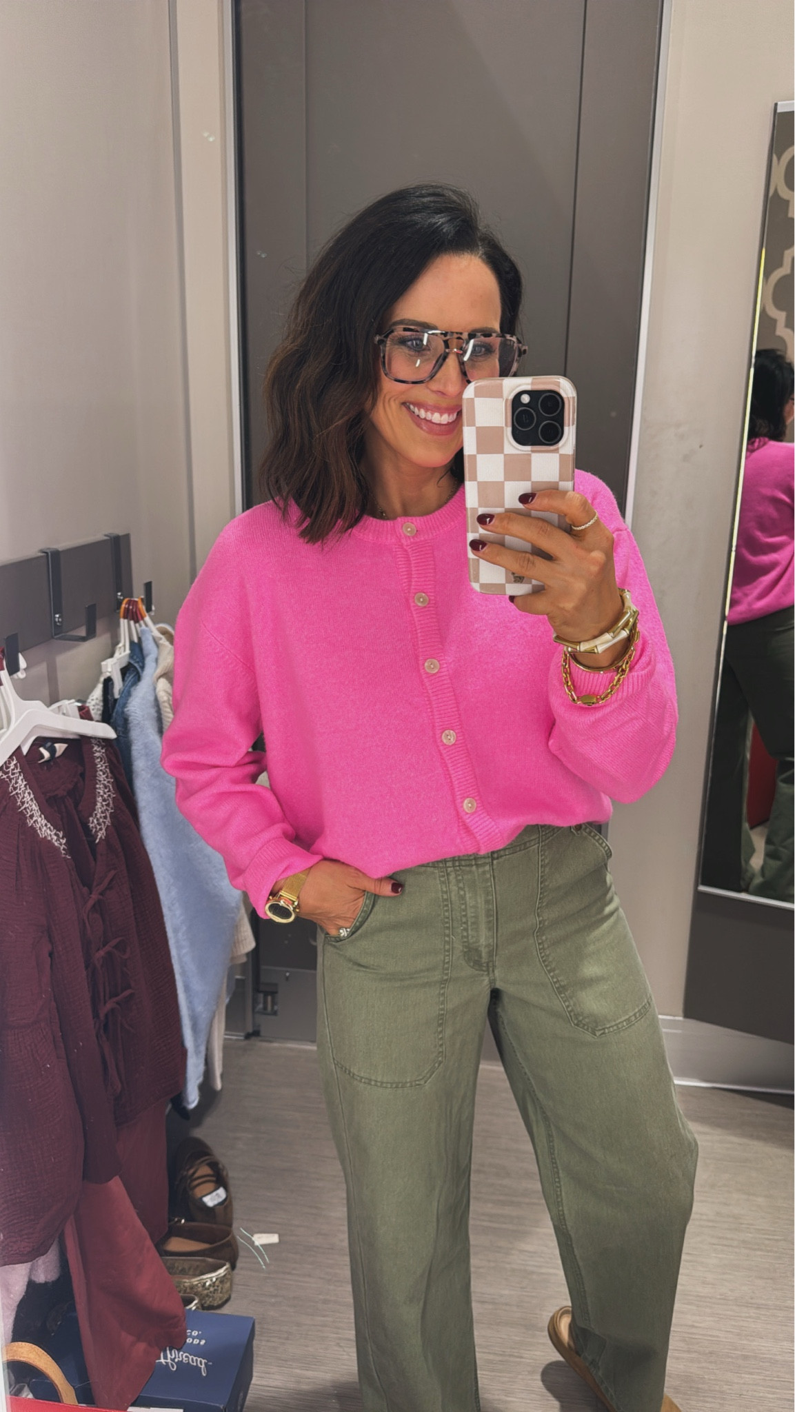 Loving this spring cardigan! Perfect for Valentine's Day, work wear, date night! This color is so pretty! 🩷 Pink cardigan target finds green pants teacher outfit mom outfit date night valentines day 

#LTKdayinmylife #LTKootd #LTKmomlife