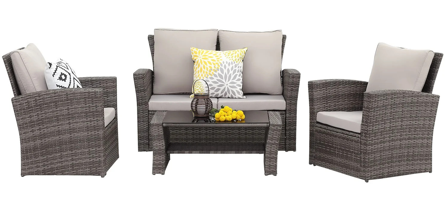 Cozyhom 4 Piece Outdoor Patio Furniture Rattan Wicker Sets,Gray - Walmart.com | Walmart (US)
