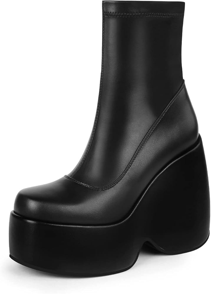 wetkiss Black Platform Boots Wedge Booties for Women Stretch Ankle Boot Women's Mid-calf Boots wi... | Amazon (US)