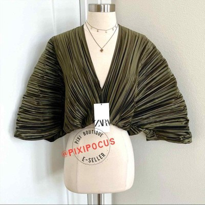 ZARA NEW PLEATED SATIN METALLIC BLOUSE VOLUMINOUS GREEN L LARGE | eBay US