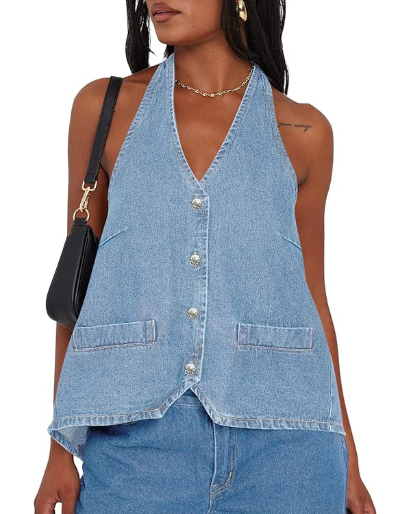 Tankaneo Womens Halter Denim Vest Tops Summer Open Back Y2K Going Out Tank Tops V Neck Button Dow... | Amazon (US)