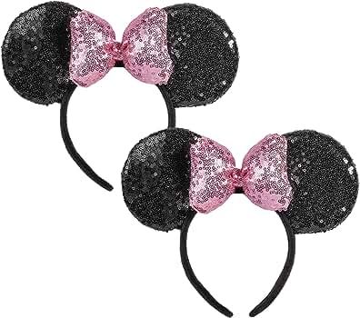 CHuangQi Mouse Ears Shiny Headband with 3D Bow Pack of 2, Double-sided Sequin Hair Band for Birth... | Amazon (US)