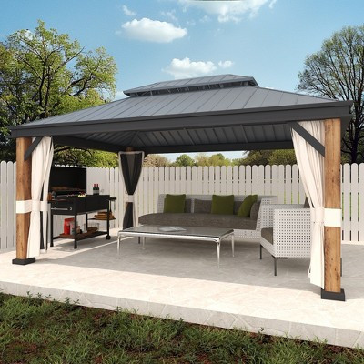 YARDSIGHT 12 Ft. X 16 Ft. Wood Grain Aluminum Gazebo with Double Steel Roof, Ceiling Hook, Mosquito Netting, and Privacy Curtains | Target