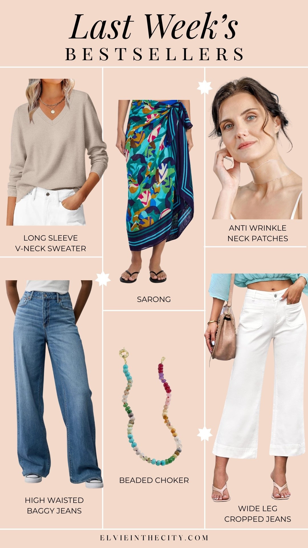 Last week’s bestsellers include a long sleeve v-neck sweater, high waisted baggy jeans (color is medium bright indigo), a sarong, beaded choker, anti wrinkle neck patches, and white cropped wide leg jeans.

Ootd, spring outfit idea, vacation outfit, fashion over 40, over 50 style

#LTKOver40 #LTKdayinmylife #LTKTravel