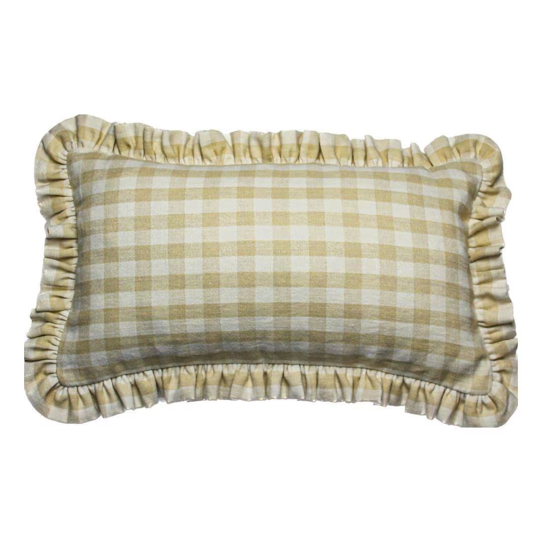 The most beautiful cream linen gingham handmade cushion cover in a medium lumbar rectangle  ruffl... | Etsy (US)
