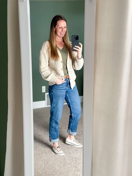Loving this cardigan sweater from Old Navy -perfect layering piece for spring. Wearing small in cardigan and t shirt, size 2 short in the jeans 🌸 spring style, spring outfits, mom style

#LTKstyletip #LTKFind #LTKunder50