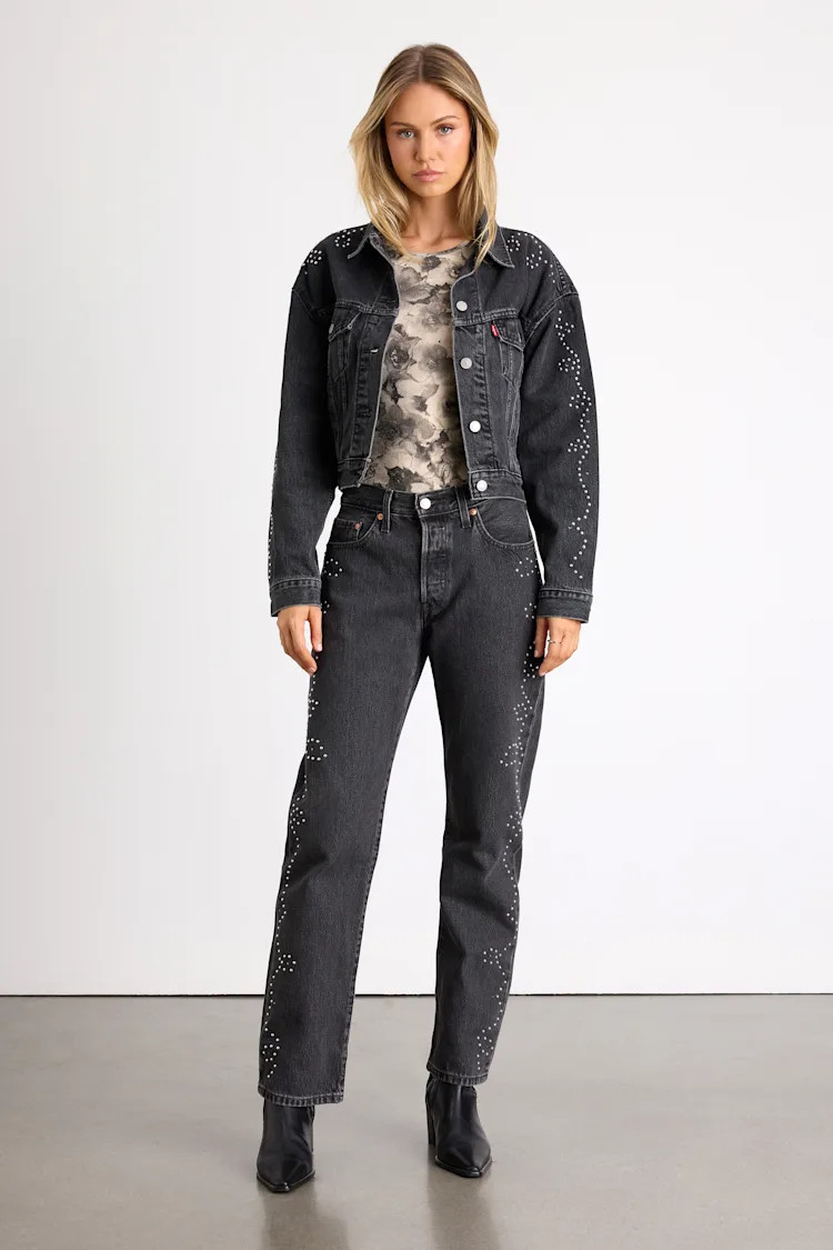 501 '90s Washed Black Rhinestone Mid-Rise Straight Leg Jeans | Lulus