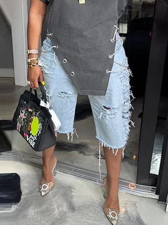 Plain Casual Denim Distressed Shorts | Stylewe