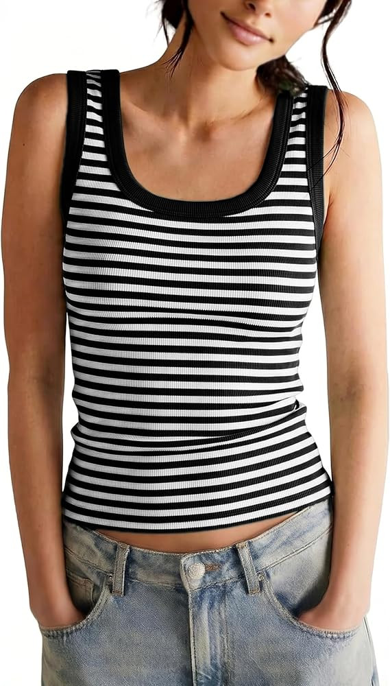 Springrain Women's Striped Ribbed Knit Tank Tops Sleeveless Scoop Neck Slim Fitted Cami Tee Shirt... | Amazon (US)