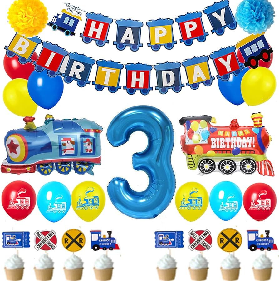 3rd Train Birthday Decorations Boys,3 Years Old Birthday Party Supplies Blue Number 3 Foil Balloo... | Amazon (US)