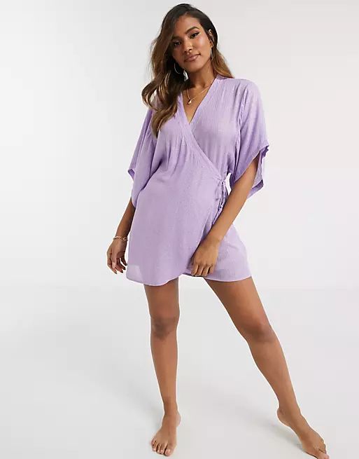 ASOS DESIGN metallic stripe short wrap beach kimono in purple | ASOS (Global)