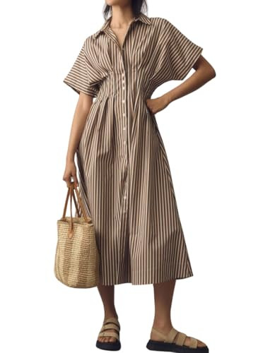 chouyatou Women's Contrast Color Striped Shirt Dress Pleated Button Down Maxi Long Tunic Dress | Amazon (US)