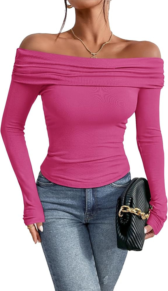 Prettywear Women's Sexy Off Shoulder Tops Business Casual Slim Fit Long Sleeves Spring Fall Blous... | Amazon (US)