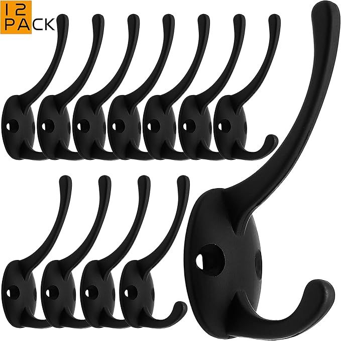 12 Pack Black Coat Hooks Wall Mounted with 24 Screws Retro Double Hooks Utility Black Hooks for C... | Amazon (US)