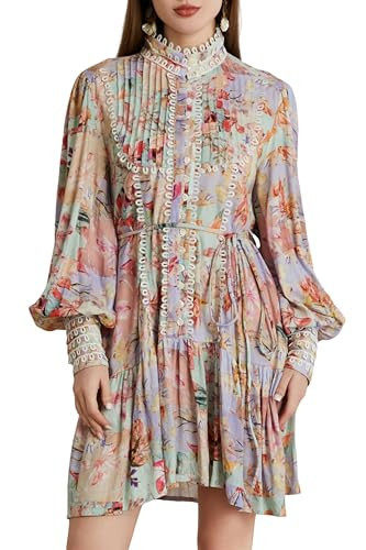 Aofur Women Boho Vintage Lace Cotton Spring A-line Long Sleeve Party Casual Short Floral Dress (Large, Colour Floral) | Amazon (US)