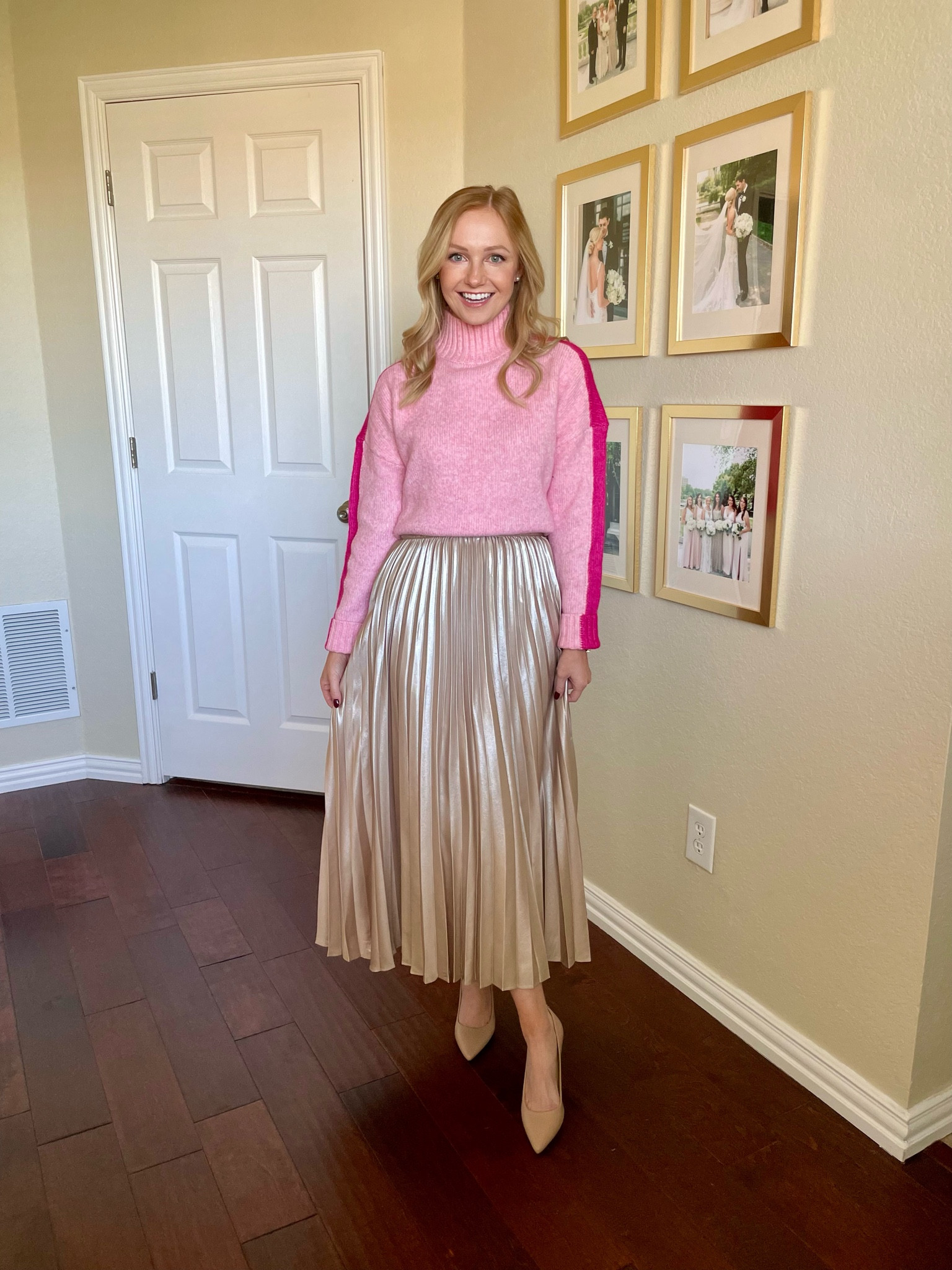Wearing an XS in sweater and 0 in skirt | gold skirt, pleated skirt, pink sweater, mock neck sweater, holiday party outfit 

#LTKHoliday #LTKSeasonal #LTKCyberWeek