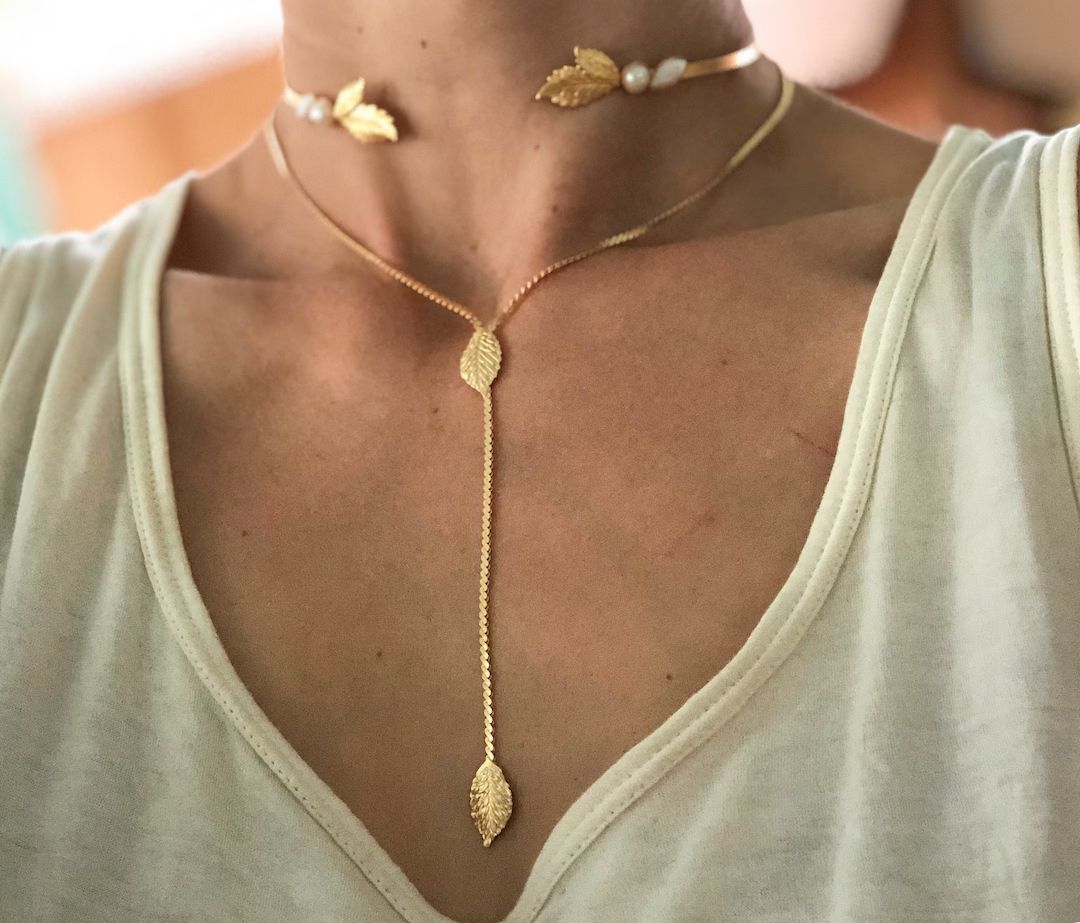 Drop Lariat Leaf Necklace, Dainty Leaves Charm Delicate Chain Gold Rose Gold Silver Dainty Boho N... | Etsy (US)