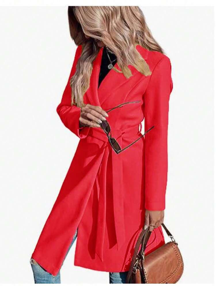 Trench Coat Women,Autumn/Winter Long Wool Coat For Women, Cinched Waist, Belted, Double-Breasted. | SHEIN