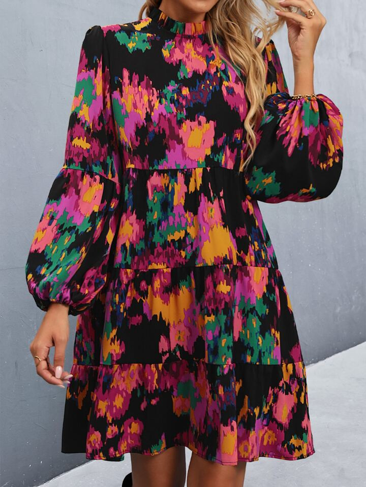 SHEIN Clasi Allover Print Mock Neck Ruffle Hem Dress | SHEIN