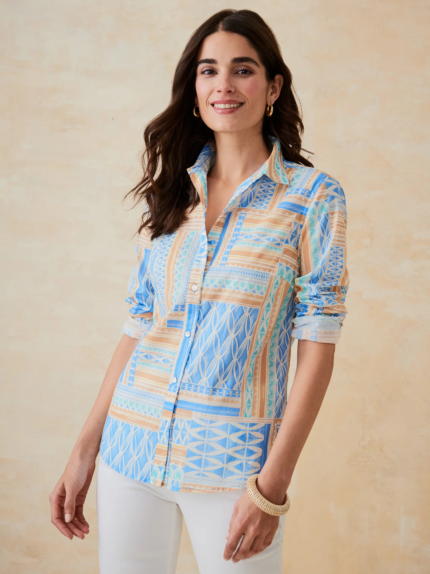 Blue/Tan Painted Medley Patch Lois Shirt | Women's Tops | J.McLaughlin | J.McLaughlin