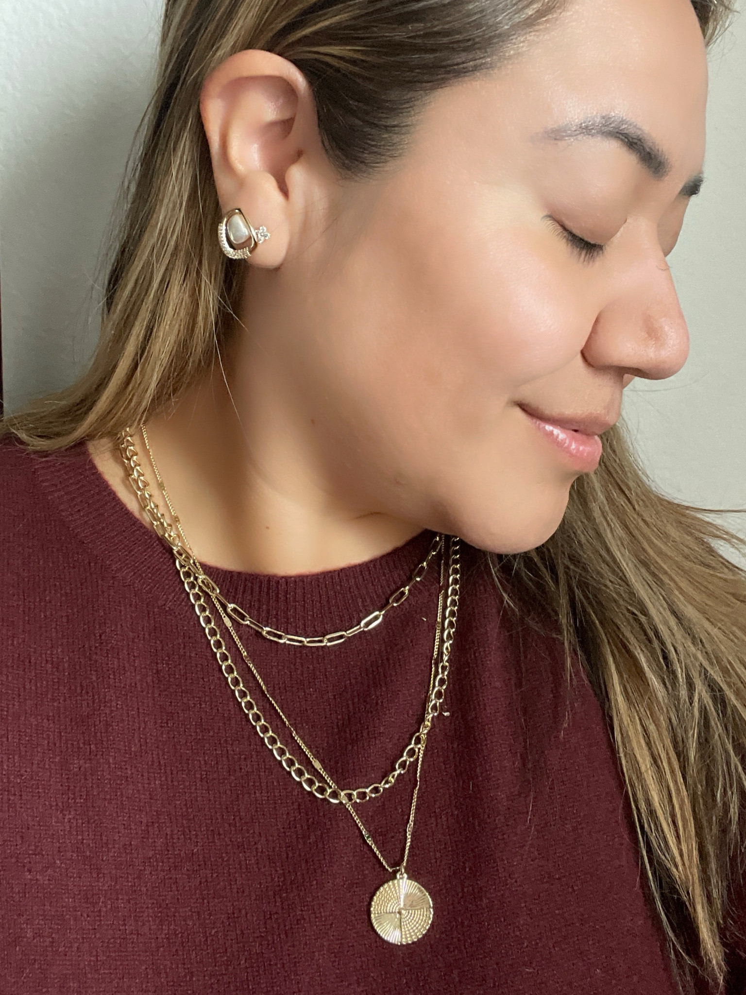 Holiday Outfit. Wine cashmere sweater on sale at Macy’s use code FRIEND. 

Amazon pearl and gold plated earrings.

Ana L layered Necklace. This set runs small so I use the linked extender.

#LTKGiftGuide #LTKFindsUnder100 #LTKSaleAlert