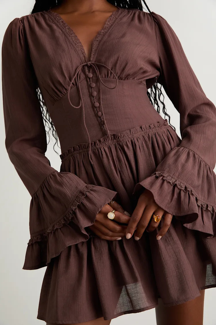 Ayaana Brown Long Sleeve Tiered Mini Dress | Lulus