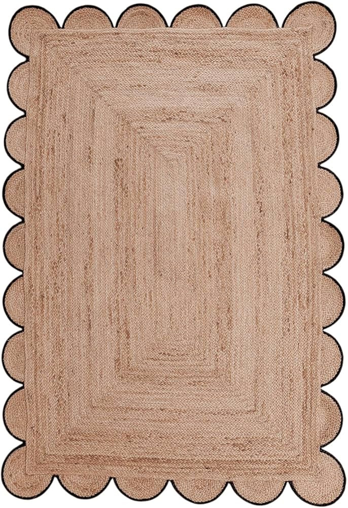 Jute Scalloped Natural Rug Handwoven Boho Living Room Rug- Black [2'x3'] | Amazon (US)