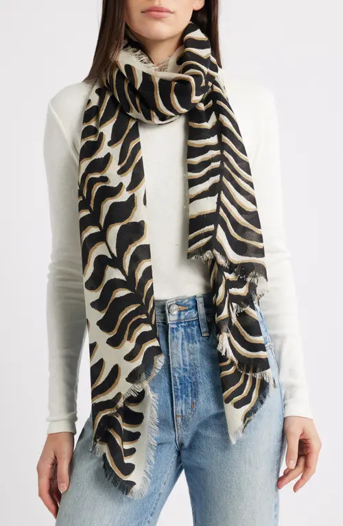 Nordstrom Eyelash Trim Print Cashmere & Silk Wrap in Tan Linear Botanical at Nordstrom | Nordstrom