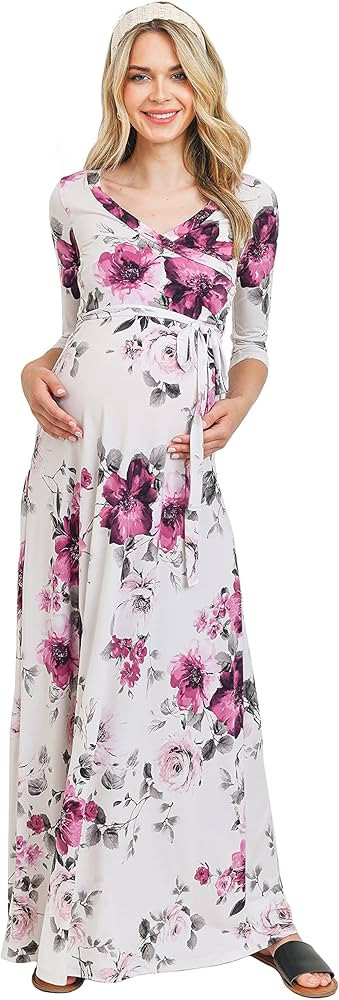 HELLO MIZ Women's Faux Wrap Maxi Maternity Dress with Belt - Made in USA | Amazon (US)