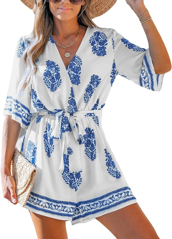 Amazon.com: CUPSHE Rompers for Women Summer Casual V Neck Sleeveless Short Jumpsuit One Piece Out... | Amazon (US)
