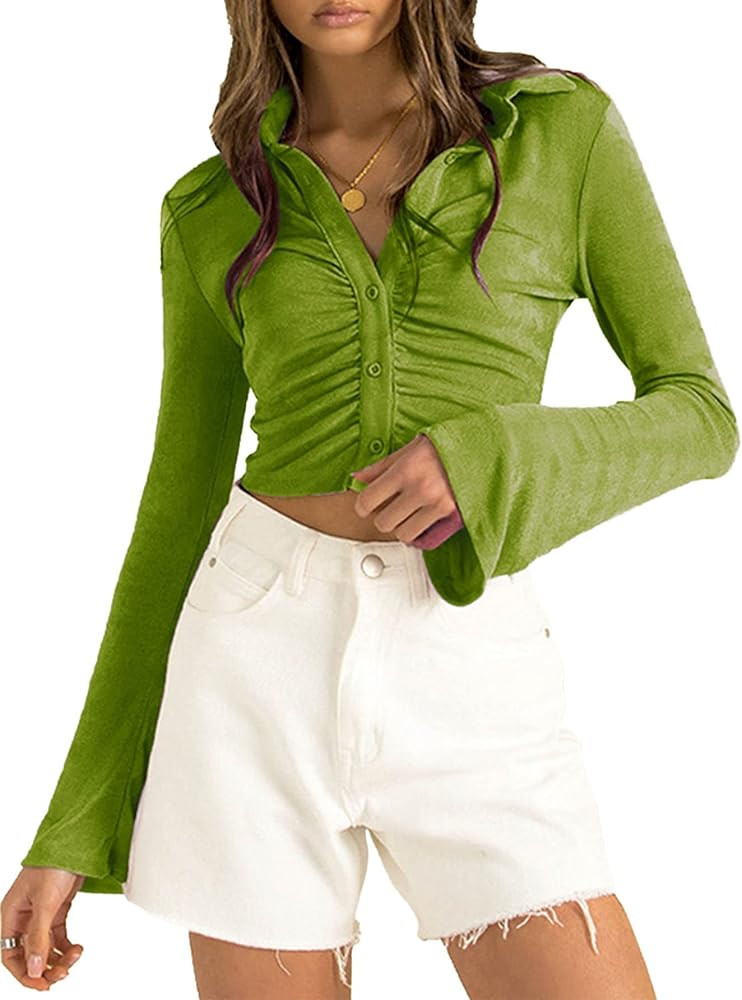 LYANER Women's Collar Button Down Ruched Long Sleeve Fitted Crop Tee Shirt Top | Amazon (US)