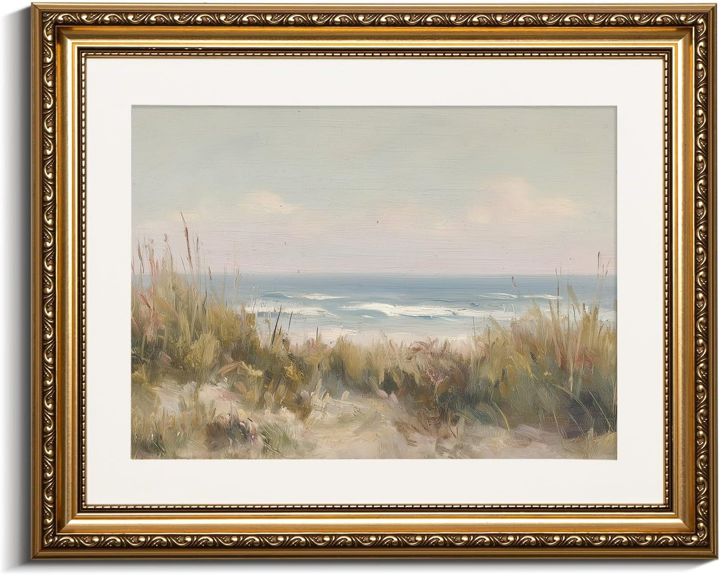 VIYYIEA Gold Framed Wall Art, Coastal Beach Oil Painting, Vintage Seaside Dune Grass Impressionis... | Amazon (US)