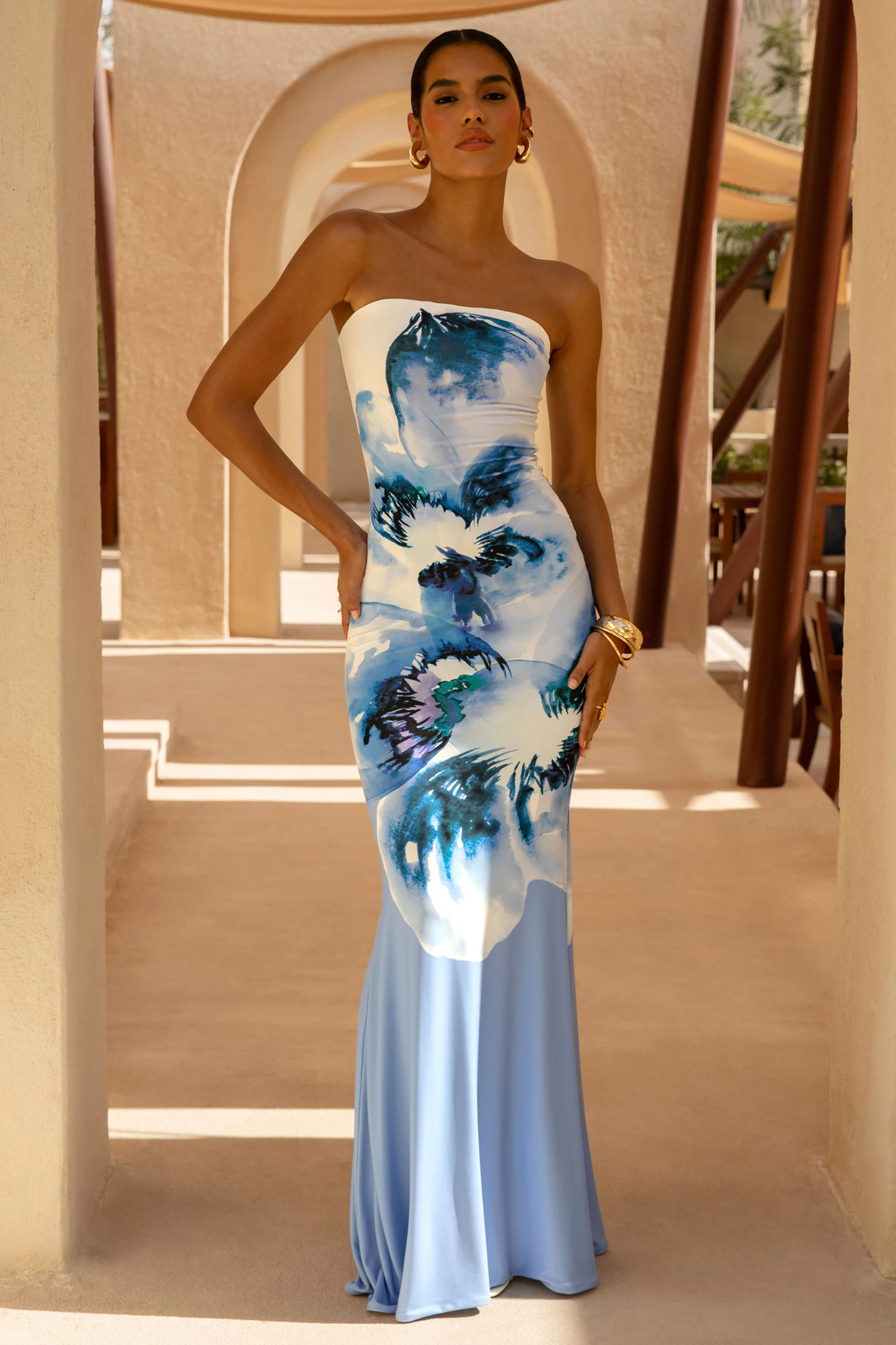 Ceremony | Large Blue Floral Print Bandeau Fishtail Maxi Dress | Club L London