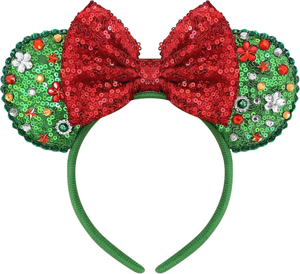 Christmas Mouse Ears Headband Colorful Beads Red Bow Headband Christmas Headband for Women | Amazon (US)