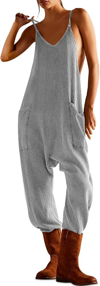 morhuduck Women's Sleeveless Jumpsuits Casual Waffle Knit Rompers V Neck Loose Overalls Spaghetti... | Amazon (US)
