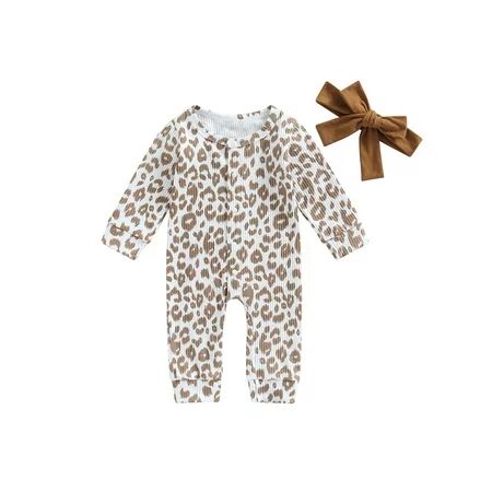 TheFound Cute Newborn Baby Girls Romper Long Sleeve Leopard Print Bodysuit Jumpsuit+Headband Set | Walmart (US)
