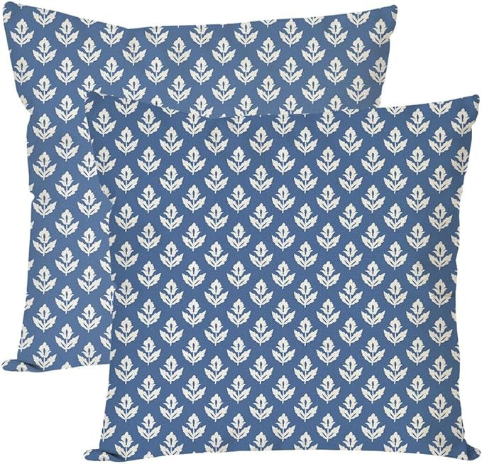 Block Print Throw Pillow Covers 18x18 Inch Set of 2 Vintage Blue and White Floral Boho Outdoor Sp... | Amazon (US)