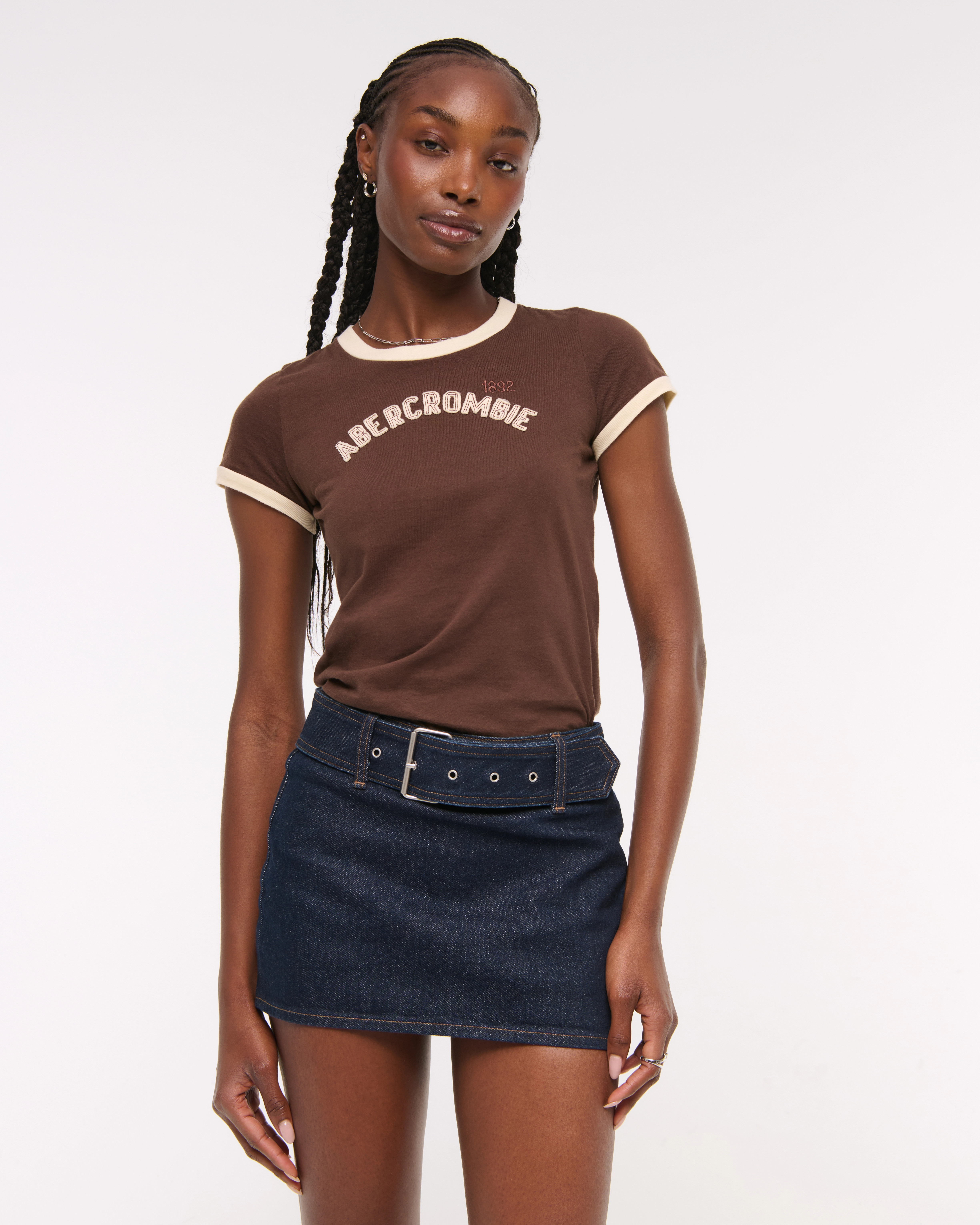 Mid Rise Belted Denim Mini Skort | Abercrombie & Fitch (US)