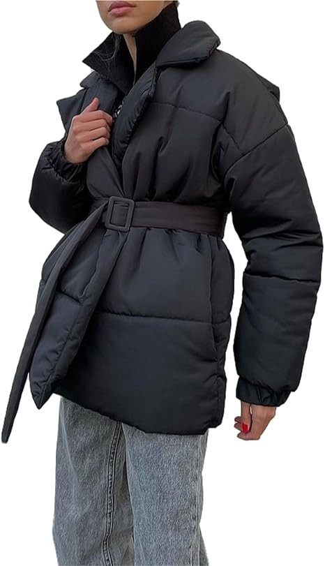 Women's Winter Thickened Lapel Waist Cotton-Padded Jacket Fashion Solid Color Puffer Jacket with ... | Amazon (US)