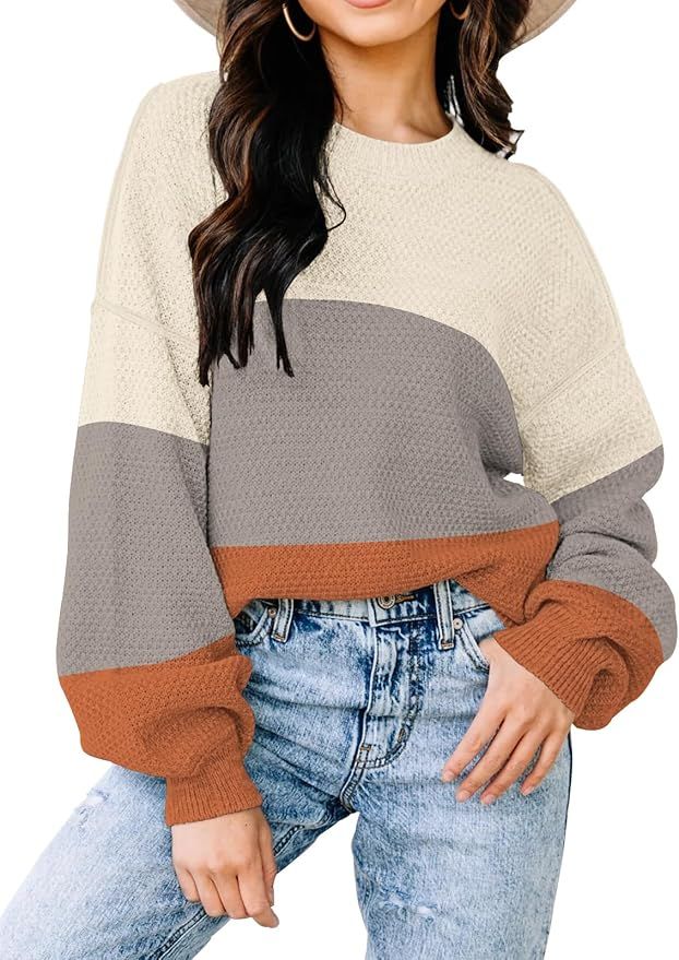 Womens Sweaters Fall 2024 Fashion Long Sleeve Color Block Oversized Sweaters Trendy Casual Crew N... | Amazon (US)