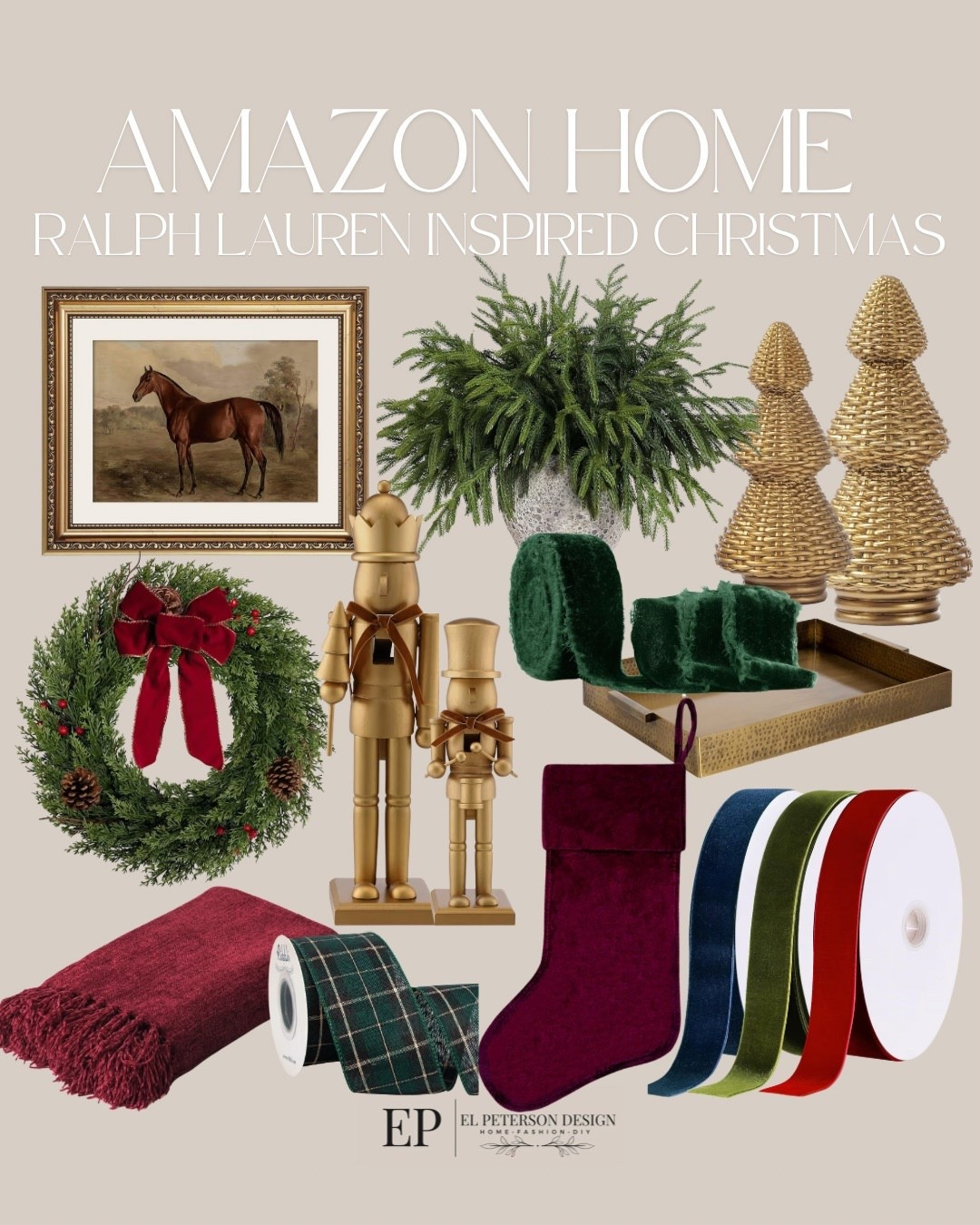 Amazon 
Ralph Lauren Inspired Christmas 
Artwork
Stems
Table top trees
Nutcrackers
Blanket
Ribbons
Wreath
Tray

#LTKHoliday #LTKHome #LTKFindsUnder50