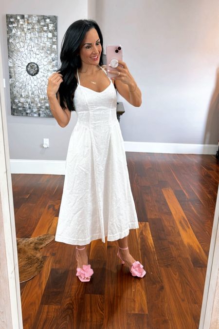 Target white eyelet midi dress with pink flower heels 
Graduation party, Mother’s Day, special occasion, white dresses 
I’m wearing an XS dress and 6.5 shoe

#LTKfindsunder50 #LTKparties #LTKstyletip