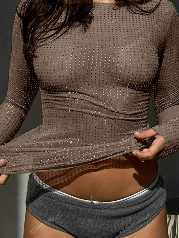 Y2K Sparkling Beaded Crew Neck Long Sleeve Slim Fit Mesh T-Shirt Going Out Tops | SHEIN