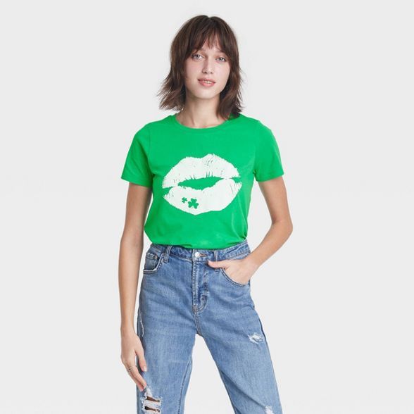 Women's St. Patrick's Day Lips Value Short Sleeve Graphic T-Shirt - Green | Target