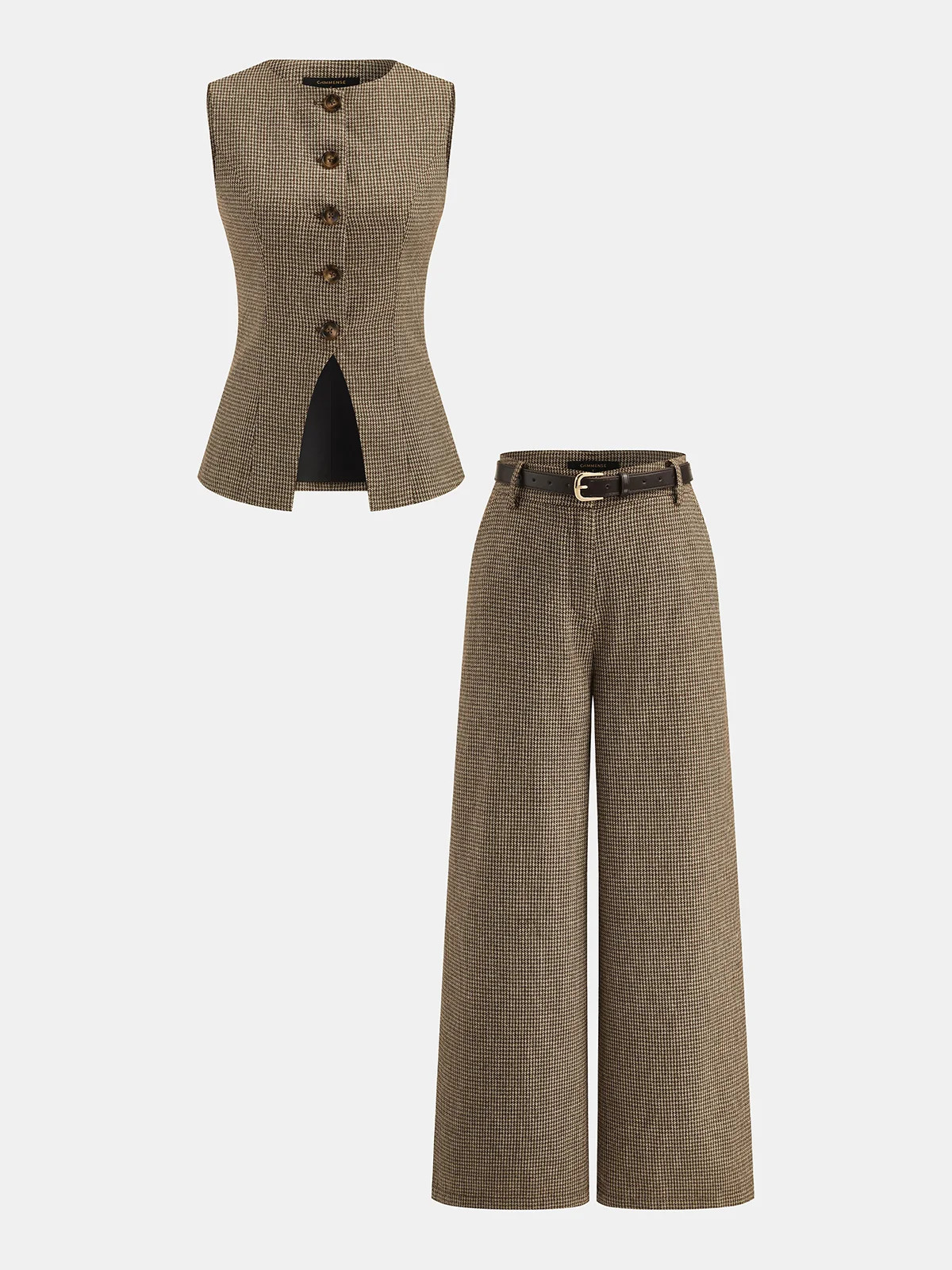 Houndstooth Wool Blend Two Piece Pants Set | Commense