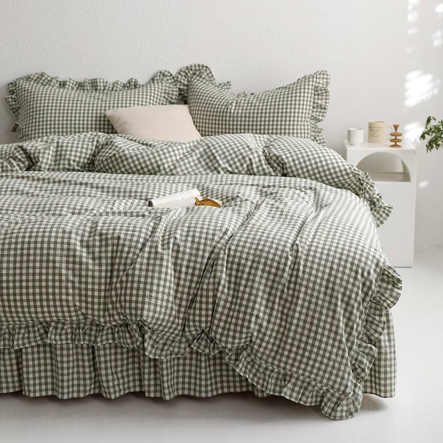 mixinni Green Gingham Ruffle Duvet Cover Queen Size 3 Pieces – 100% Washed Cotton, Vintage Plai... | Amazon (US)