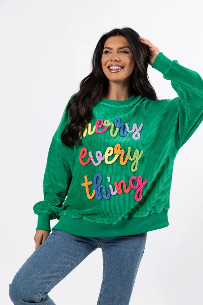 Merry Everything Green Multi Corded Embroidered Sweatshirt - Coming Soon | Pink Lily