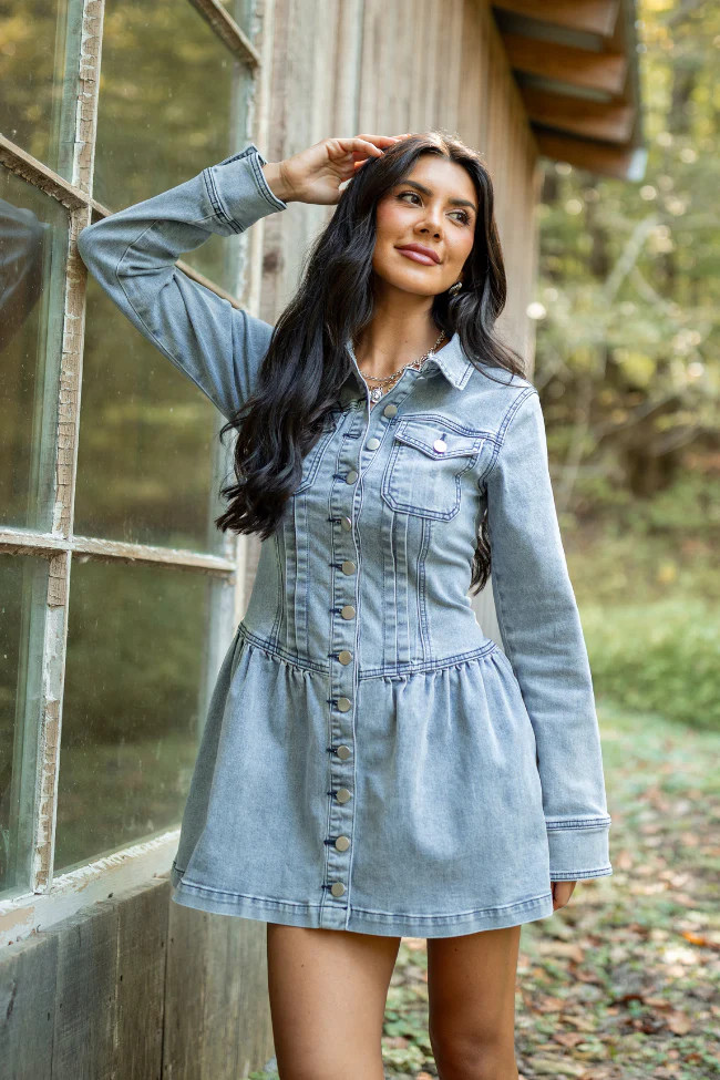 My Favorite Medium Wash Long Sleeve Button Front Mini Dress SALE | Pink Lily