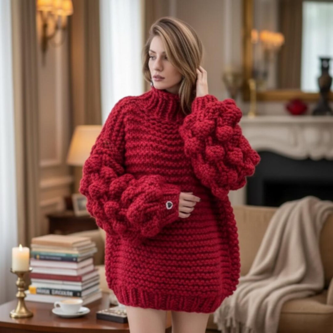 Chunky Bubble Sleeve Oversized Knit Sweater Viral TikTok Winter Pullover Cozy Handmade-Style Warm... | Etsy (US)