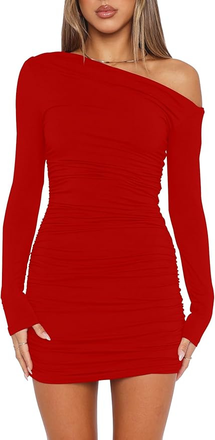 Mokoru Women's Sexy Elegant Off Shoulder Long Sleeve Ruched Bodycon Cocktail Party Mini Dresses | Amazon (US)